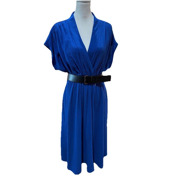 Calvin Klein Blue Midi Dress Belted V Neck Textured Short Sleeve Pockets Sz 12 - Picture 1 of 10